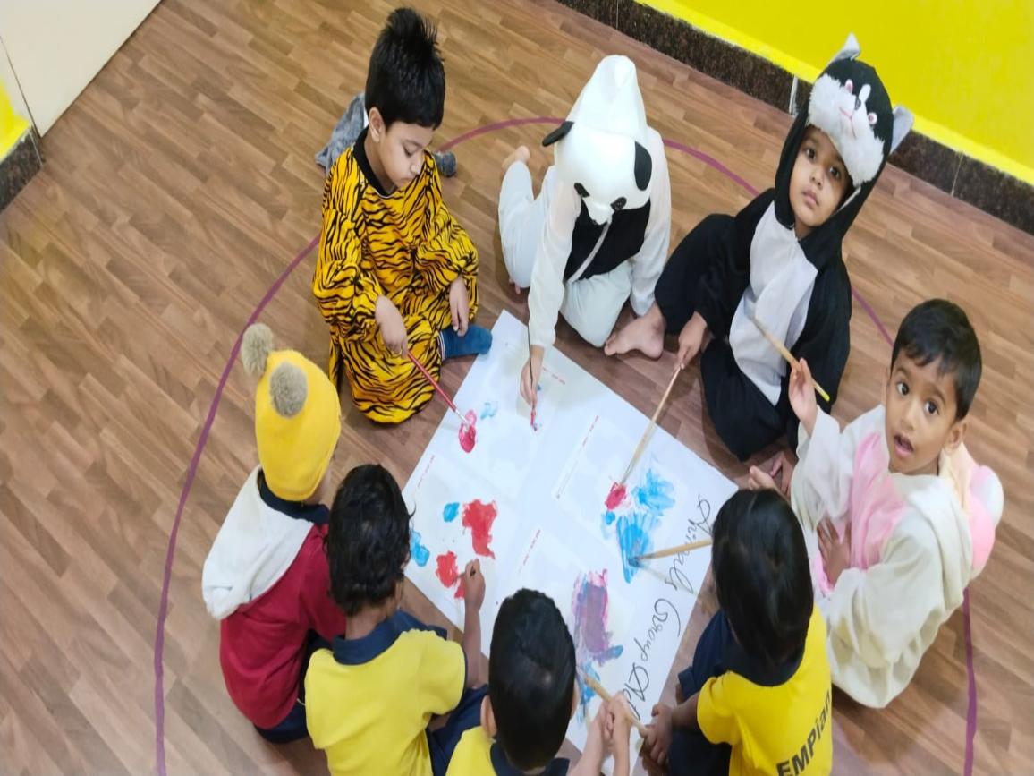 Children working together on a creative classroom project
